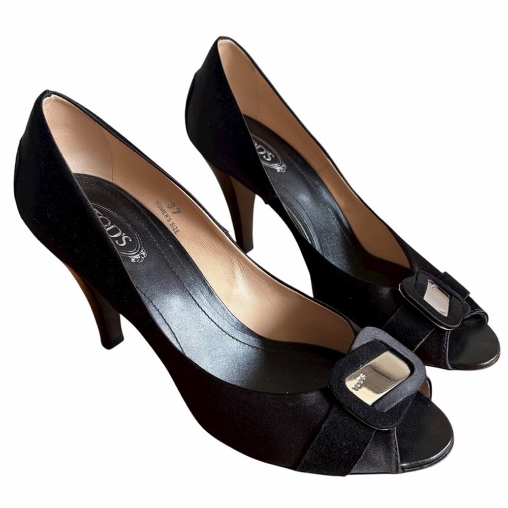 Tod’s | Leather Peep Toe Pumps Heels Mirror Detail Formal Classic Black Size 6.5
